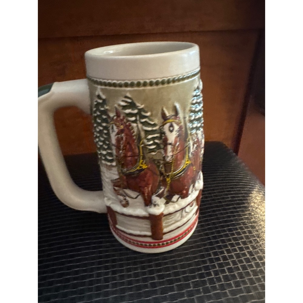 Budweiser Collectible Stein Winter Scene Horses Covered Bridge Ceramic Mug
